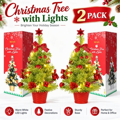 Set of 2 Pre-Lit Tabletop Christmas Trees, Matching 17.72" Mini Artificial Pine Trees with 15 Warm Yellow LED Lights, Ornaments and Star Toppers for Holiday Home Decor
