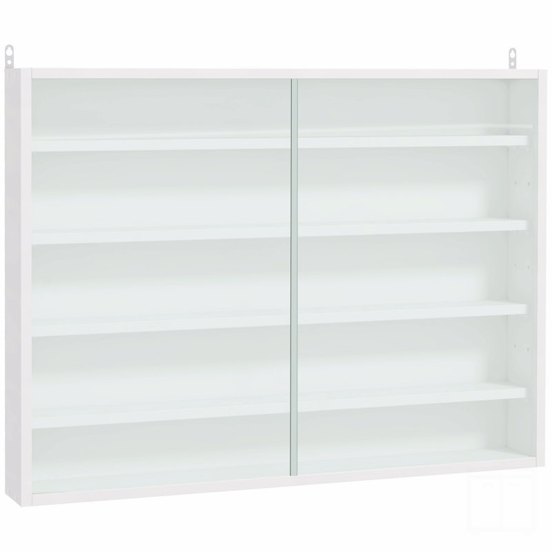 Vitrine à 5 niveaux, vitrine en verre avec 2 portes et tablettes réglables, fixation murale, Blanc