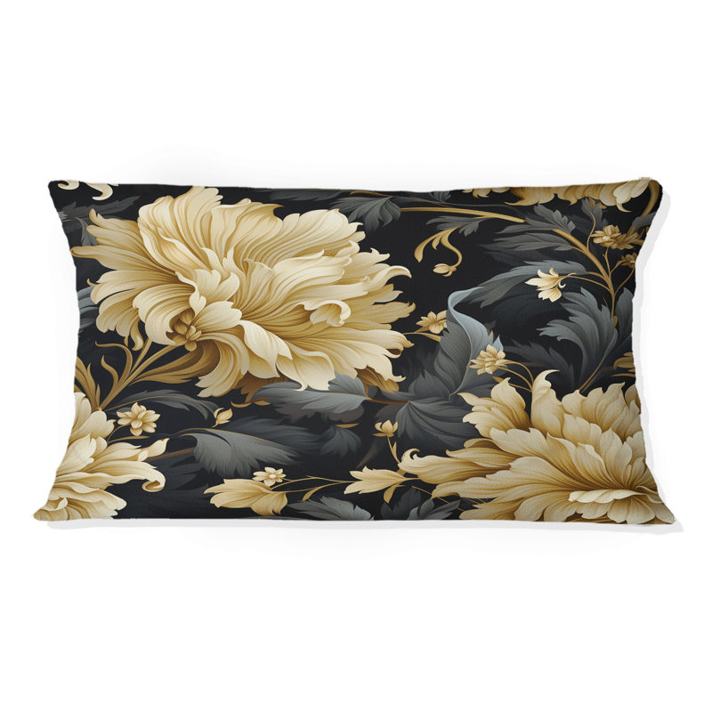 Coussin en polyester luxueux à motif floral damassé noir et beige
