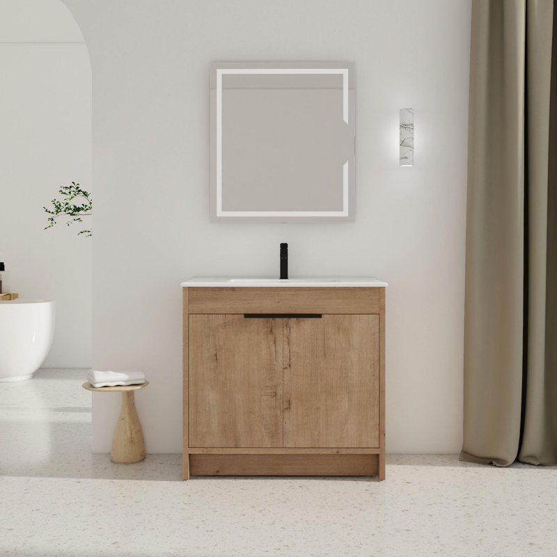 Ensemble de meuble-lavabo simple Addisun, Blanc, Imitation chêne, 36"