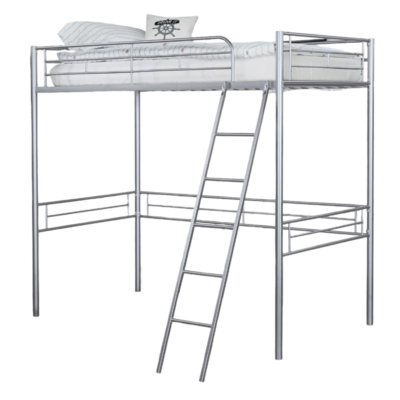 Lit mezzanine simple de style contemporain en métal argenté, comprenant un espace attaché et ouvert pour le lit de bureau, une structure, une salle de jeu intégrée, une chambre à coucher