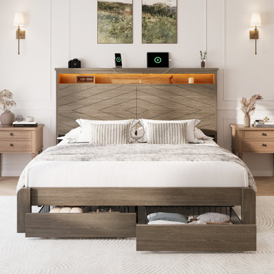 Lit très grand avec rangement et tête de lit multifonction, brun