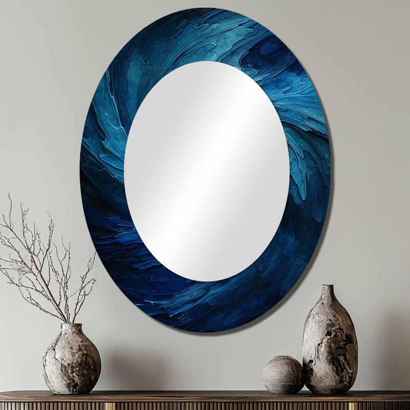 Blue Swirl Wave Spiral I - Abstract Spirals Large Mirror, Blue Decorative Wall Mirror, Printed Metal Art, 40" x 30", Oval