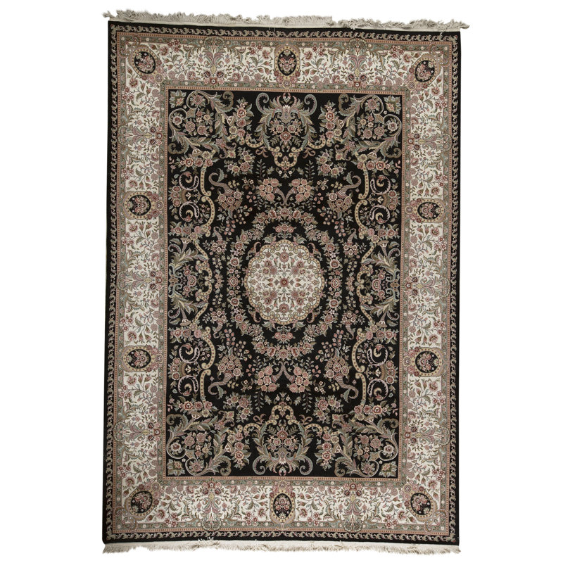 Tapis noir et ivoire de haute qualité noué à la main
