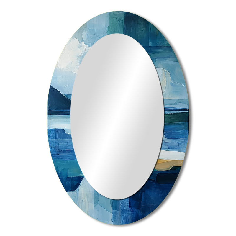 Blue Ethereal Coastal Horizon III - Large Oval Wall Mirror On Metal, 36" x 24"
