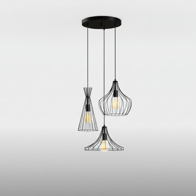Adjustable Height Industrial 3-Light  Cage Cluster Pendant