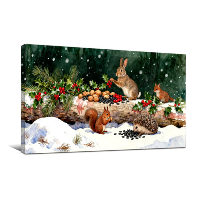Animaux de la forêt d'hiver de Noël se régalant de baies et de noix