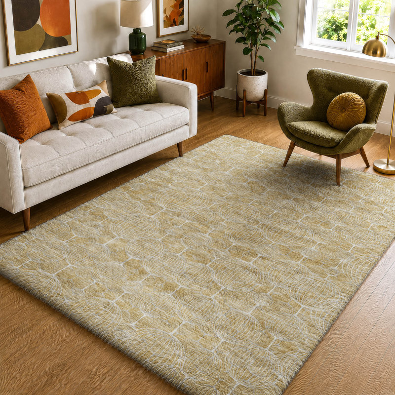 Tapis géométrique Dream Shag ADS732 lavable à la machine de qualité supérieure, Gold, 3 pi x 5 pi