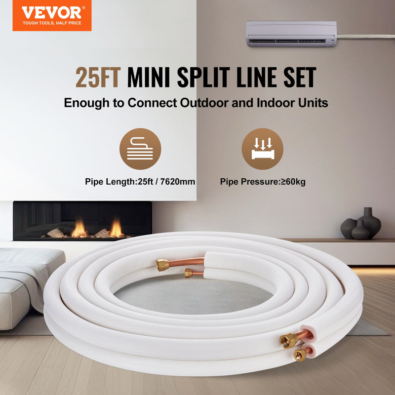 25FT Mini Split Line Set, 3/8" And 5/8" O.D Copper Pipes Tubing And Triple-Layer Insulation, For Mini Split Air Conditioning Refrigerant Or Heating Pump Equipment And HVAC With Wrapping Strips.