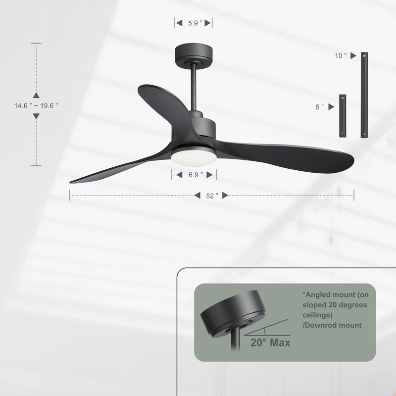 52" 3-Blade Standard Ceiling Fan with LED Lights Remote Control, Black