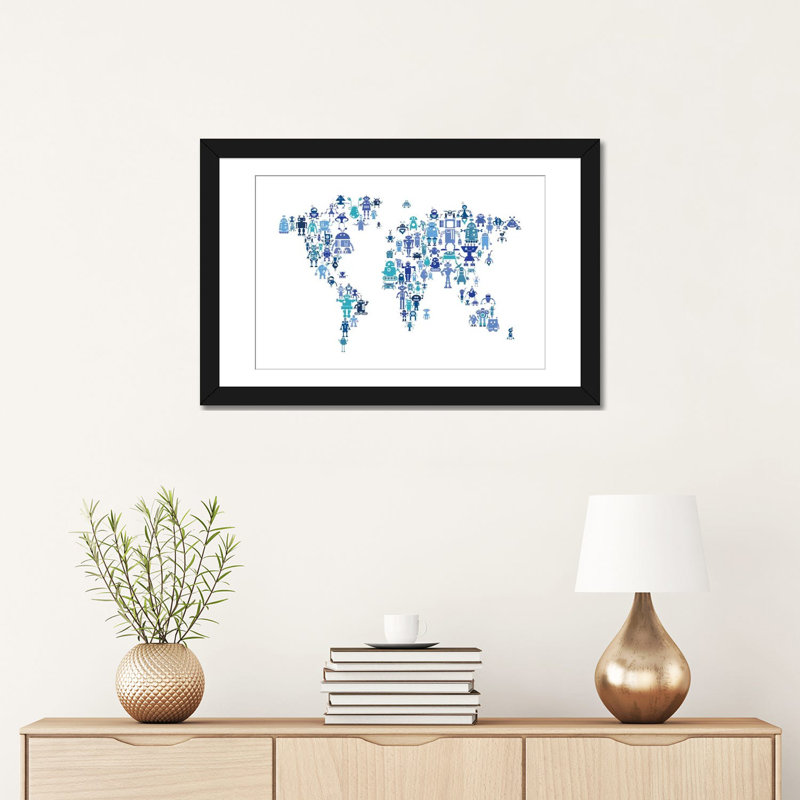 « world map series : teintes blue robots », impression sur toile tendue, H 16 po x l 24 po x P 1 po, Blanc