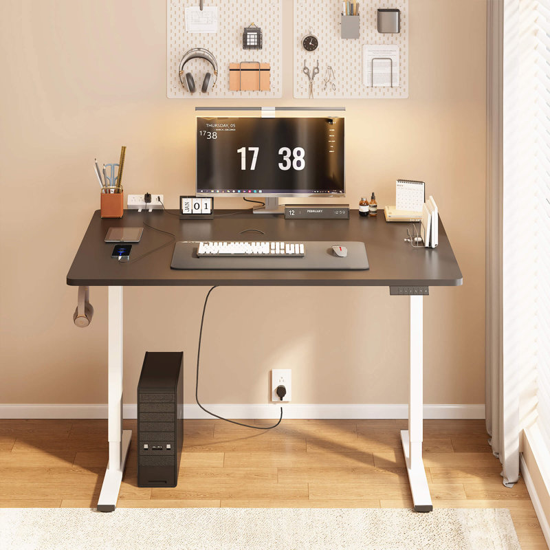 Adjustable Standing Desk, Whole-Piece Desktop, Black/Gray, 55" W x 28" D