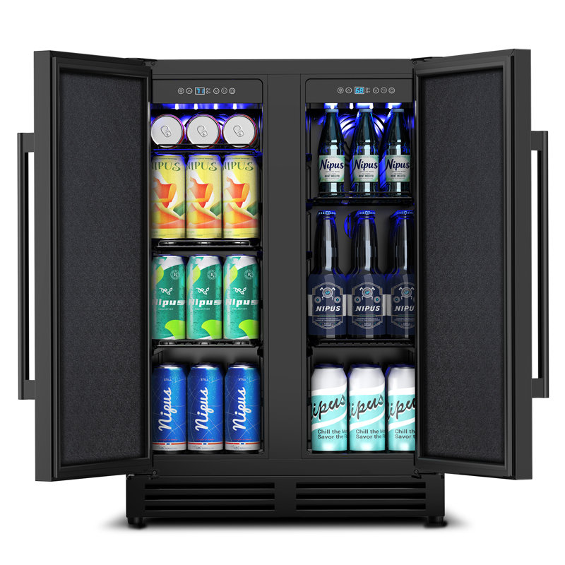 24-Inch Dual Zone Beverage Refrigerator - Versatile Cooler for Built-in or Freestanding Use - Foam Door Design, Adjustable Shelves, LED Lighting, and Two Included Handle Styles in Sleek Black Finish