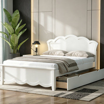Lit plateforme en bois avec tête de lit et deux tiroirs, blanc