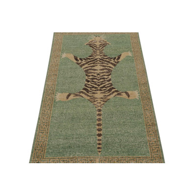Rug & Kilim’S Distressed Tiger Skin Runner In Green, Beige & Black Pictorial