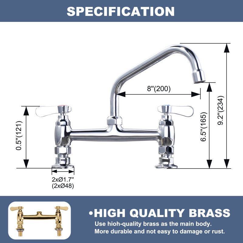 8" 2-Handle Deck Mounted Commercial Kitchen Faucet with Swivel Spout & Supply Lines In Chrome