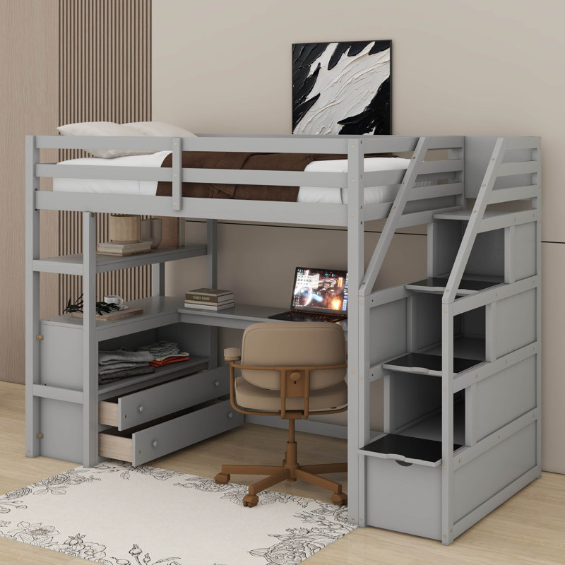Lit mezzanine simple avec bureau, tablettes, 2 tiroirs et escalier de rangement, Grey