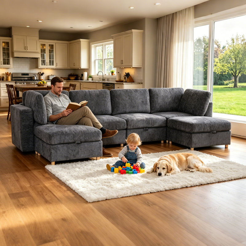  132.4" U Shaped Cloud Couch Sectional Sofas with underseat storage,movable ottomans, Gray Fabric