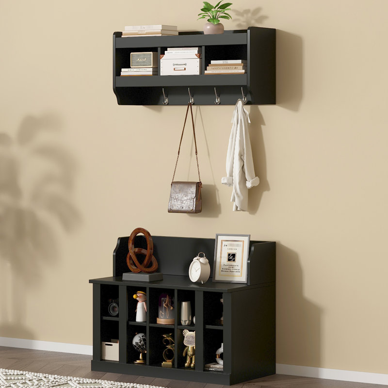 Fashionable Entryway Organizer With Hall Tree And Shoe Bench, Black, 6.6Lbs Hook Capacity, 176Lbs Bench Support Weight Adjustable