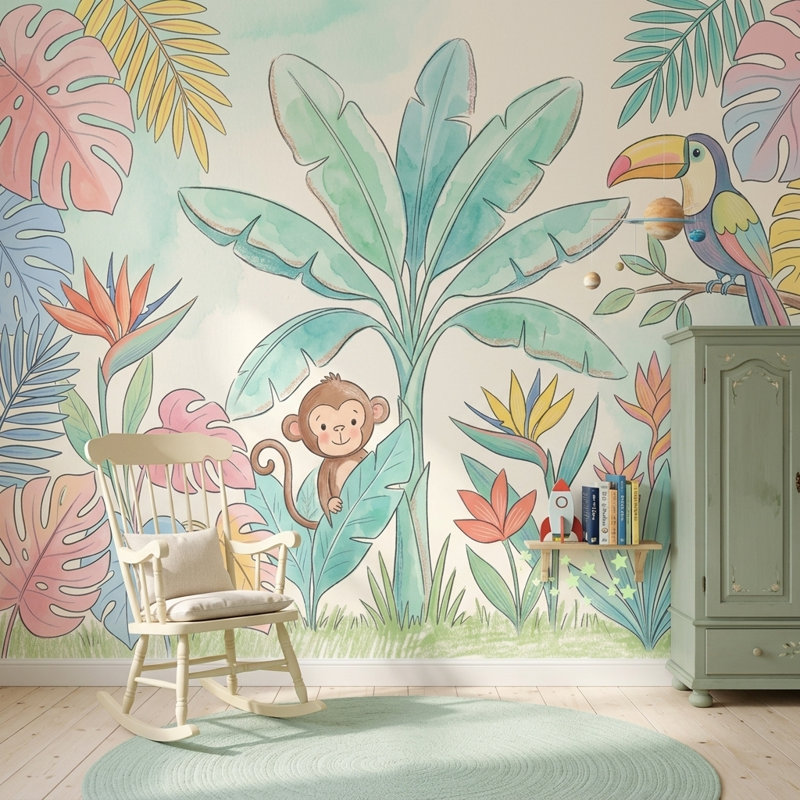 Papier peint tropical avec aquarelle pastel, 160"x108", Peel and Stick