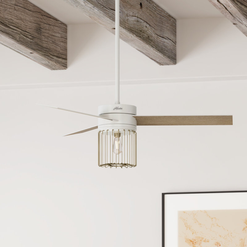 52" Ronan 3 - Blade Caged Retro Vintage Indoor Ceiling Fan with Light and Remote Control, Fresh White/Walnut