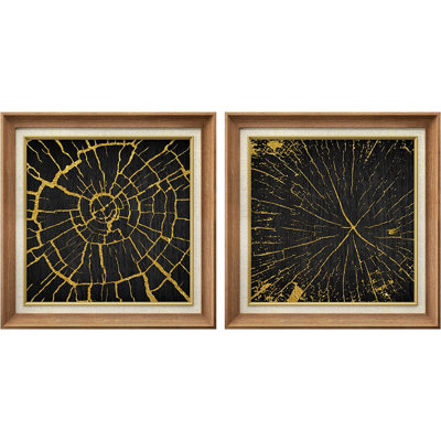 Automne, bois, anneau, écorce d'arbre, silhouette, motif classique rétro - ensemble de 2 peintures sur toile