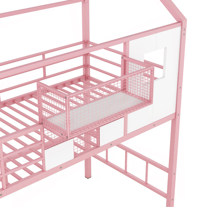 Lit mezzanine en métal avec toit et boîte de rangement, simple, rose, Pink