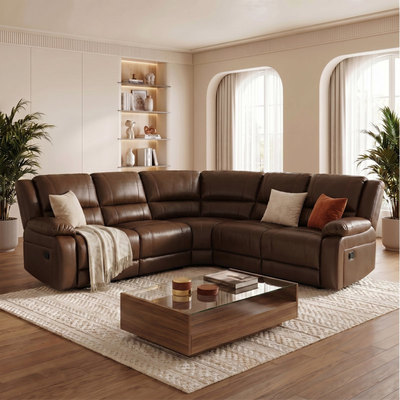 Talley 5 Piece Faux Leather Reclining Sectional with Drop Down Table Seat, Dark Brown