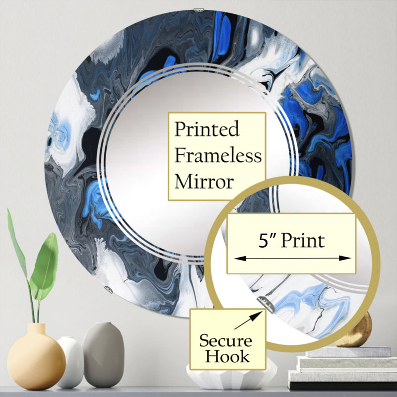 Miroir mural bleu, art liquide sur fond blanc et noir, 24 po x 24 po