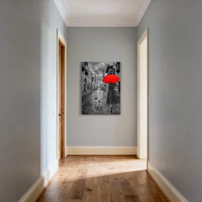 Red Umbrella Woman With Dog Walking On Street Canvas Wrapped Wall Art Set Of 1