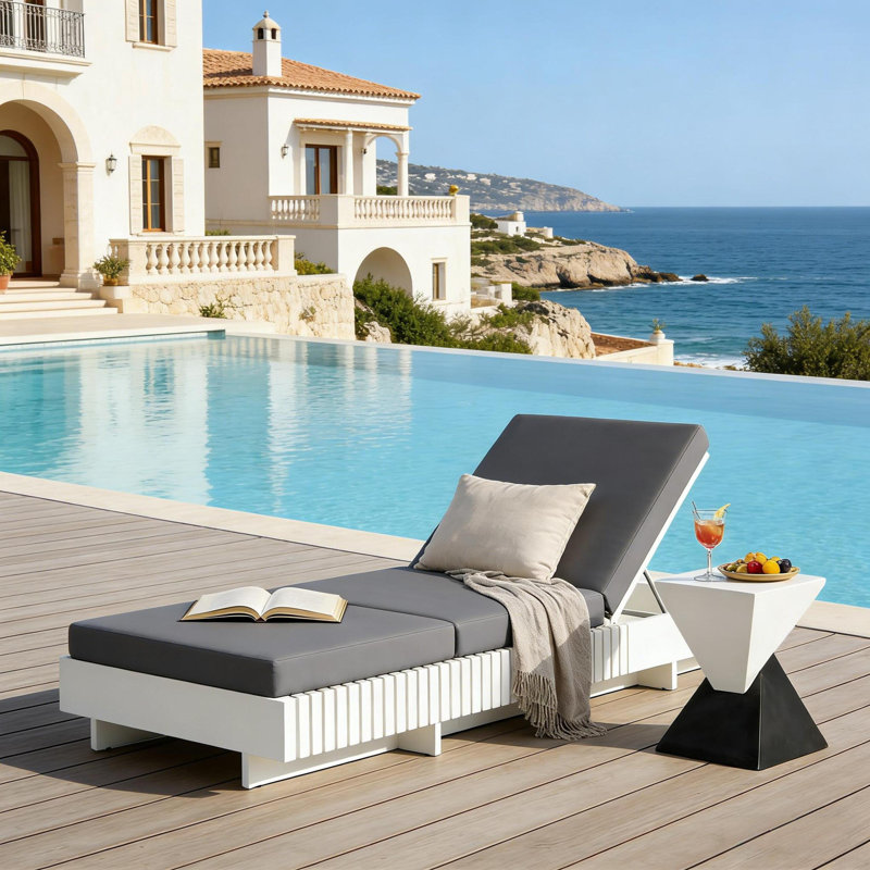 Turan Outdoor Acacia Wood Chaise Lounge Chair With Cushions, Dark Gray, White