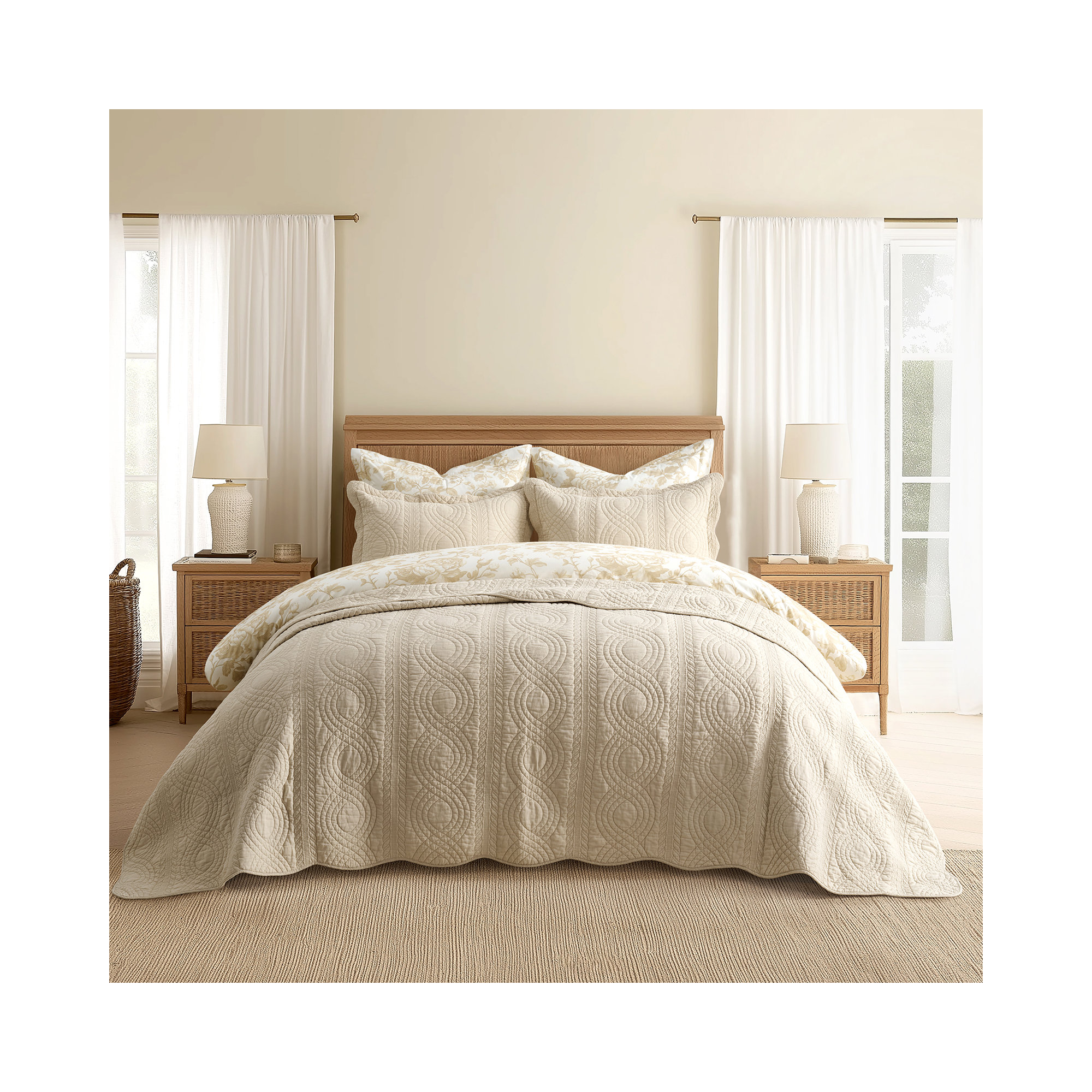 Scallop Edge 100% Cotton Quilt Set, Flax Beige, King Quilt + 2 King Shams