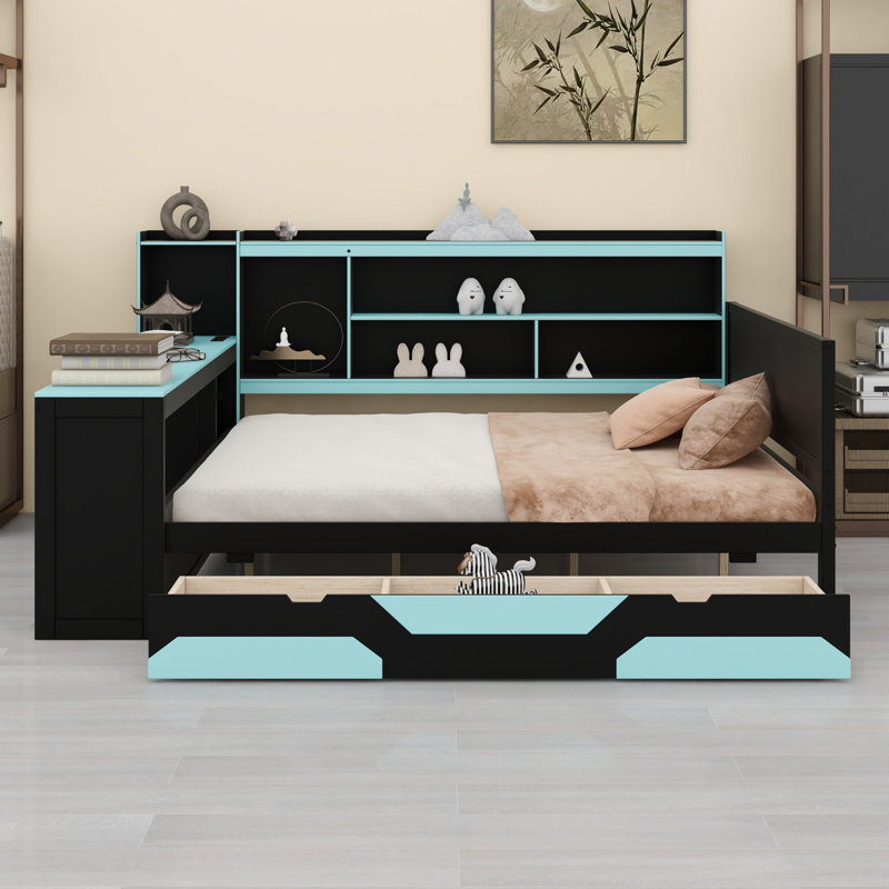 Gaming Daybed System with Desk, Lights, 3 Storage Drawers, Charging Station and Headboard Bookshelf, Black+Blue, Queen