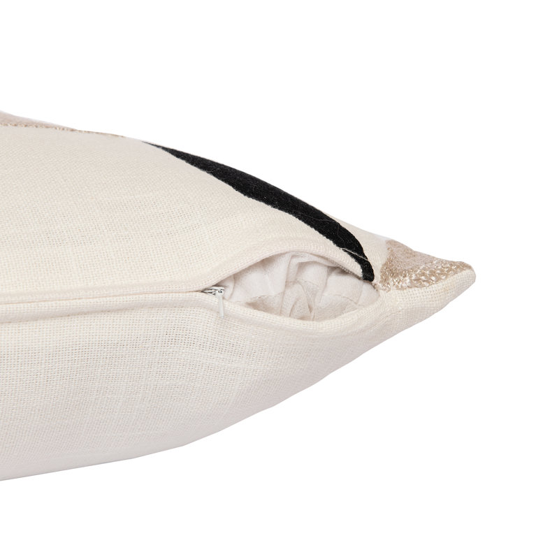 Ivory and Tan Geometric Embroidered Cotton Blend Throw Pillow