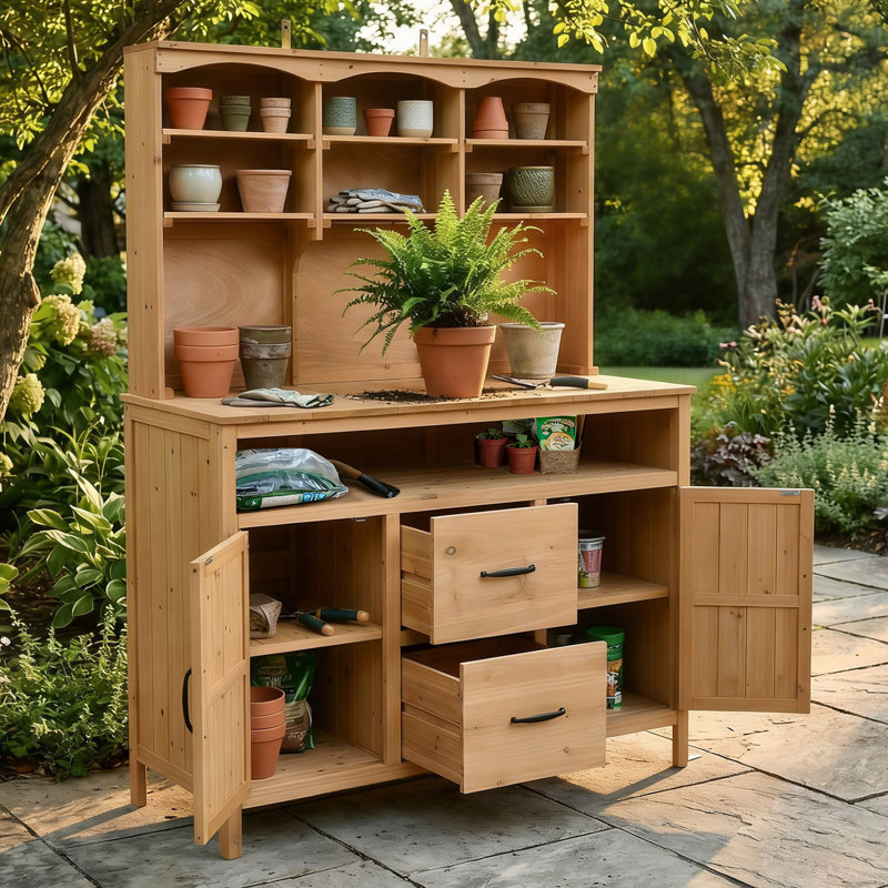 65''H Outdoor Patio Kitchen Island With Hutch, Cabinets, Natural 