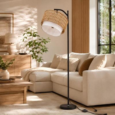 Lampe sur pied 69 po en rotin de style bohémien avec ampoule DEL intelligente RVBW