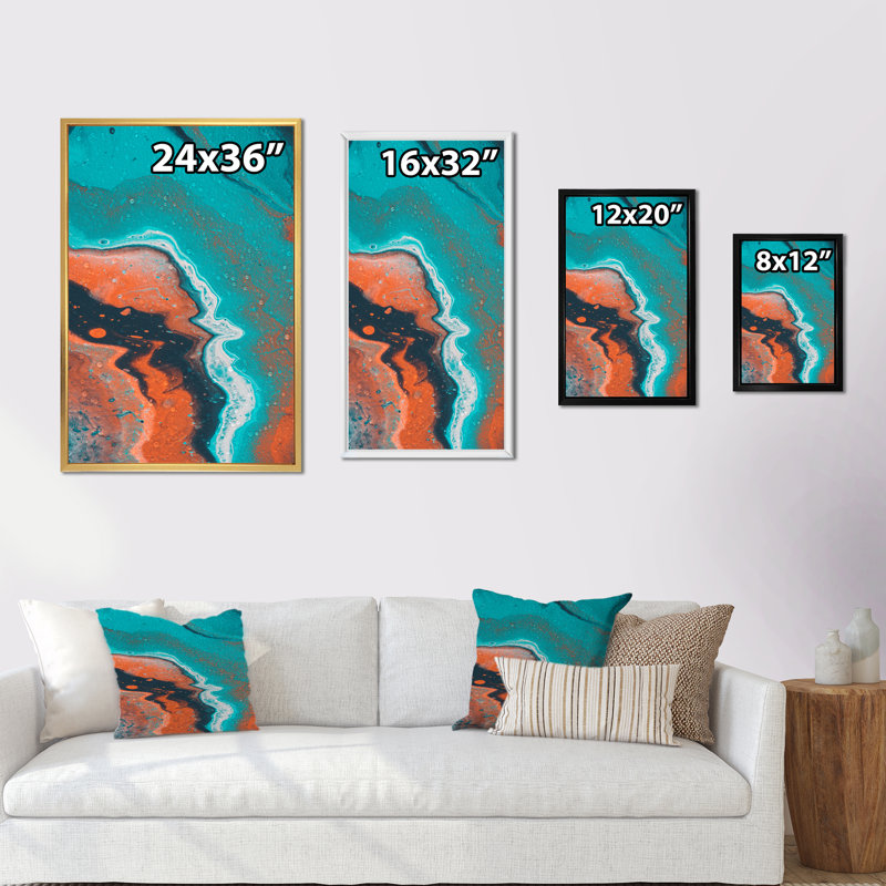 Orange orange, bleu et marbre blanc - Décoration murale moderne et contemporaine sur toile, H 32 po x l 16 po x P 1 po