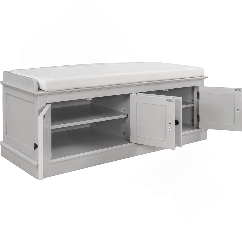 Hippolytus 42.7"Wood Storage Shoe Bench with 4 Doors and Adjustable Shelves and Removable Cushion, Gray Wash