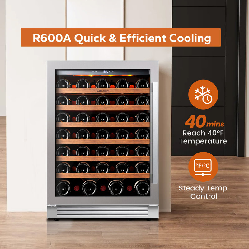 24" 61-Bottle Wine Fridge 3-LED Built-In&Freestanding Wine Cooler Frost Free Fridge With Dual Layer Tempered Glass Door