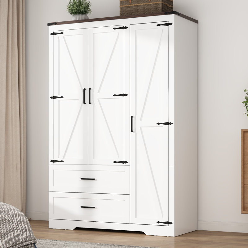 Armoire 3 portes avec 2 tiroirs et tringle à suspendre Farmhouse, Ivoire blanc