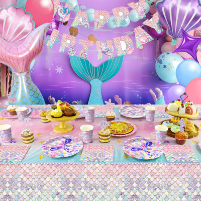 Mermaid Birthday Party Supplies, 90 Pcs Mermaid Party Decorations & Mermaid Party Tableware Set