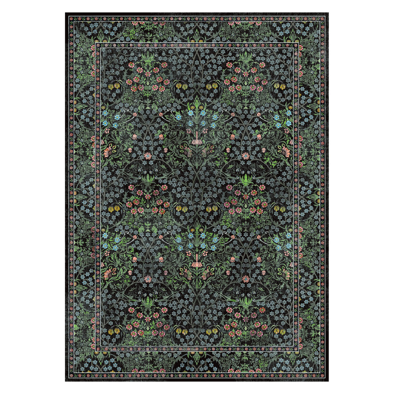 5'X7' Machine Washable Floral Area Rug With Non-Slip Backing for Living Room and Bedroom Black, Rectangle 5' x 7'