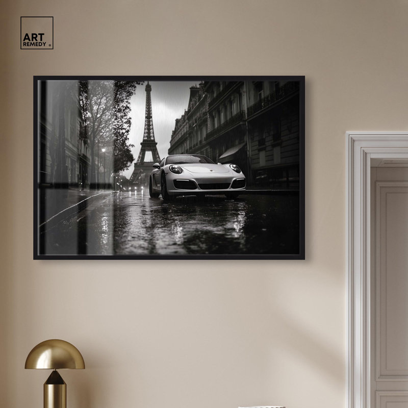 Conduite sous la pluie, Paris, Shadowbox, photographie élégante par Art Remedy, H 31 po x l 46 po, Noir