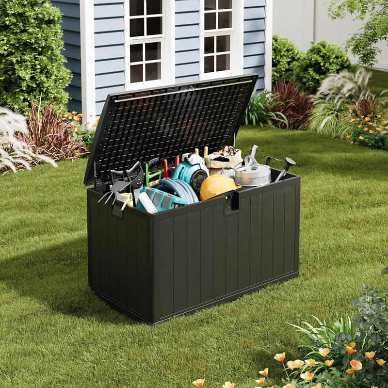 130 Gal Resin Deck Box, Waterproof Lockable Outdoor Storage Box, Versatile Outside Container for Package Parcels, Patio Furniture Cushions, Garden Tools & Pool Accessories