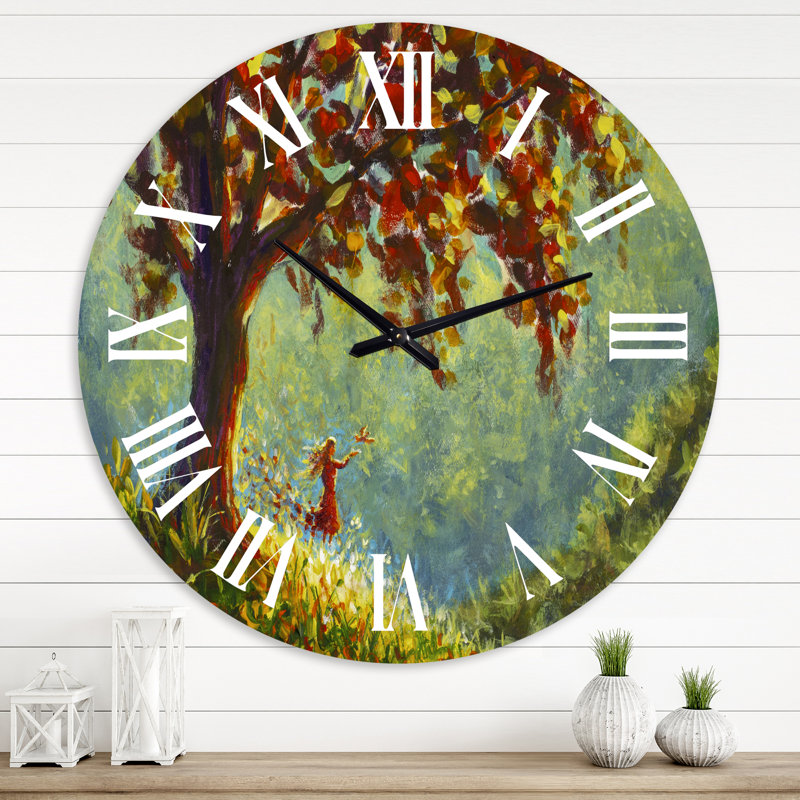 «Girl in Red Dress on Spring Tree Swing» - Horloge murale traditionnelle, Grand