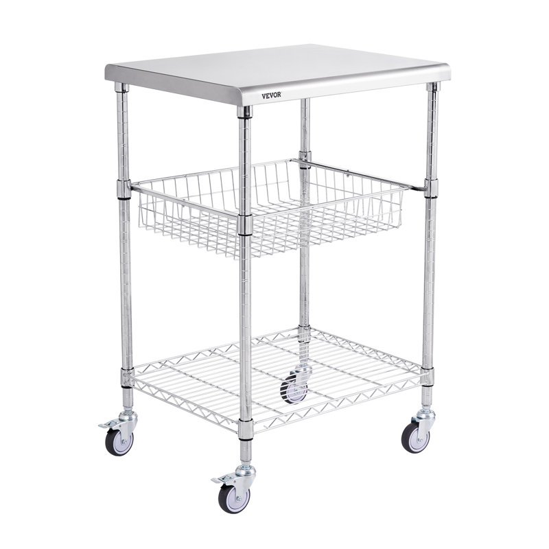 Silver 3-Tier Steel Utility Cart with Adjustable Shelves and Wheels