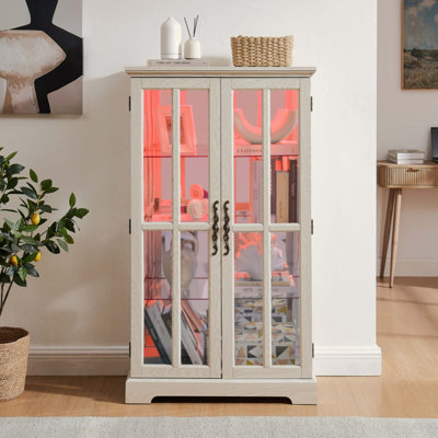 Armoire haute en verre à double porte en treillis, bande lumineuse RVB en couleur, 3 tablettes réglables, grande capacité pour la cuisine, le salon, le bureau et la chambre à coucher