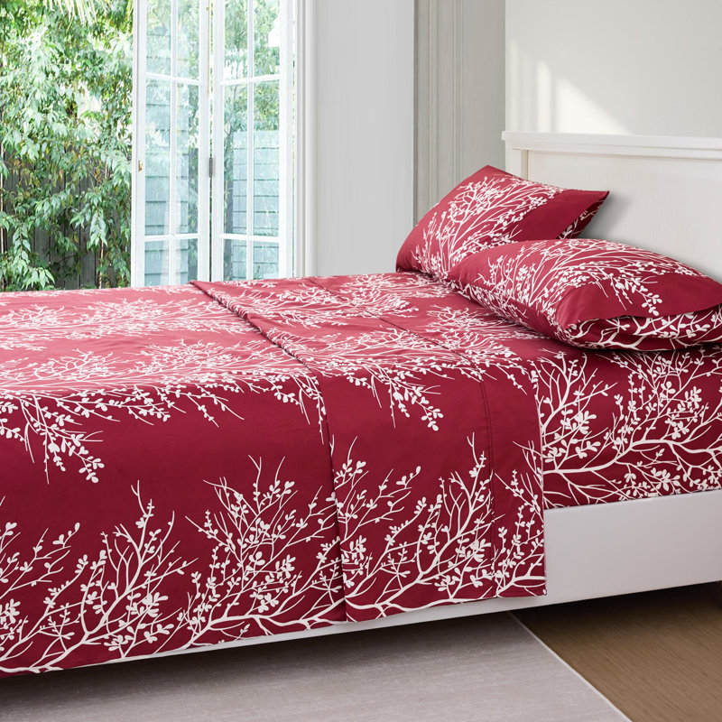 Ensemble de draps en microfibre Foliage, Bourgogne/Ivoire, Drap pour taille de lit grand avec drap-housse et 