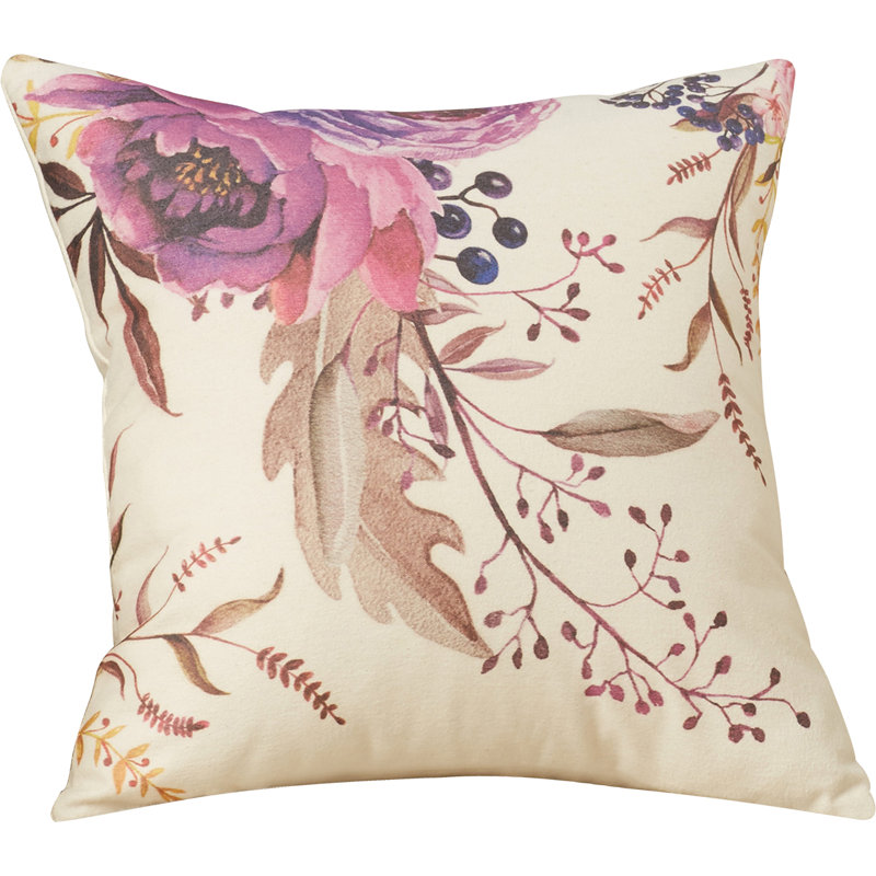 Purple Floral Cotton Throw Pillow with Brown and Fuchsia Design
