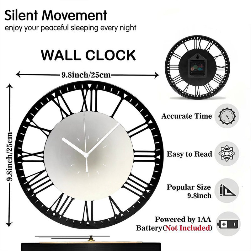 Horloge murale ronde en fer 10 po avec mouvement à quartz silencieux, chiffres romains, impression UV, Crème dégradé